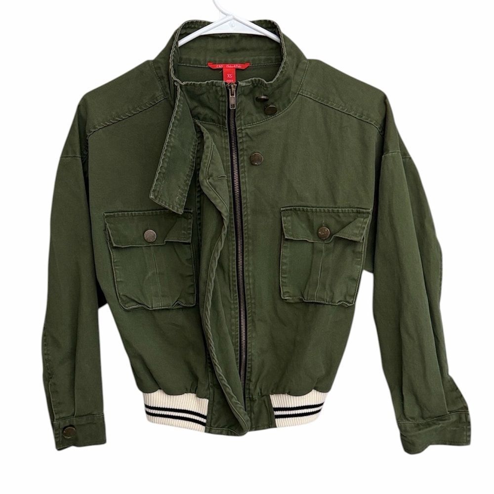 Chelsea & Violet Olive Green Utility Bomber Jacket with Striped Hem. Size XS